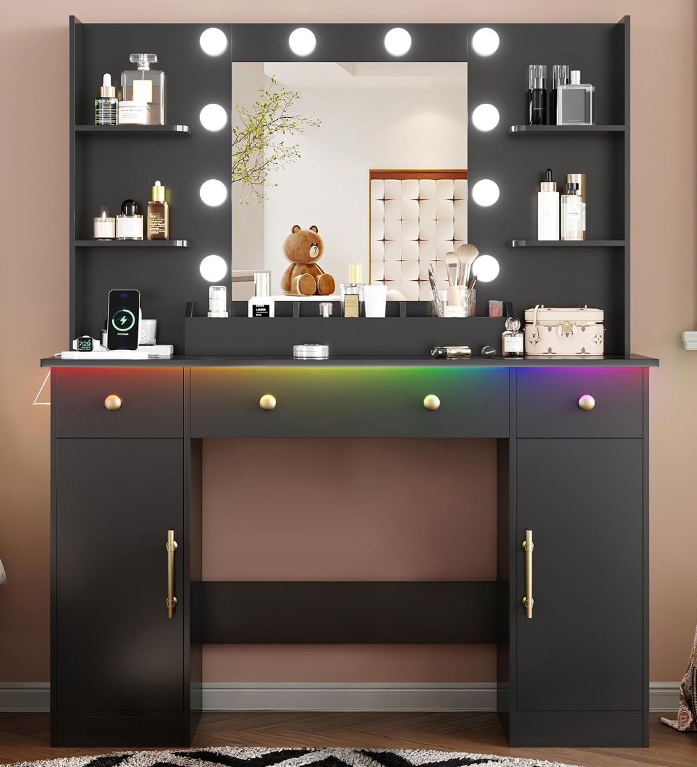 Xixini Vanity Desk with LED Lights Mirror & Power Outlet in a styled room