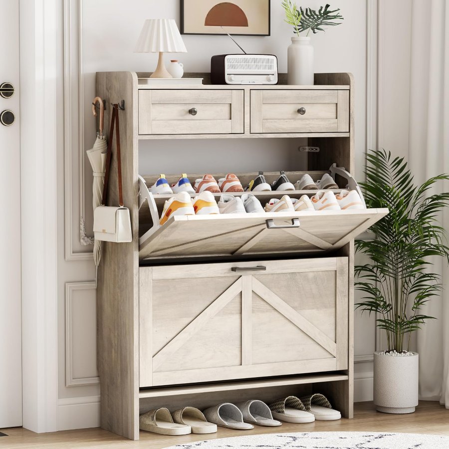 Xixini Shoe Cabinet with 2 Flip Drawers & 2 Top Drawers