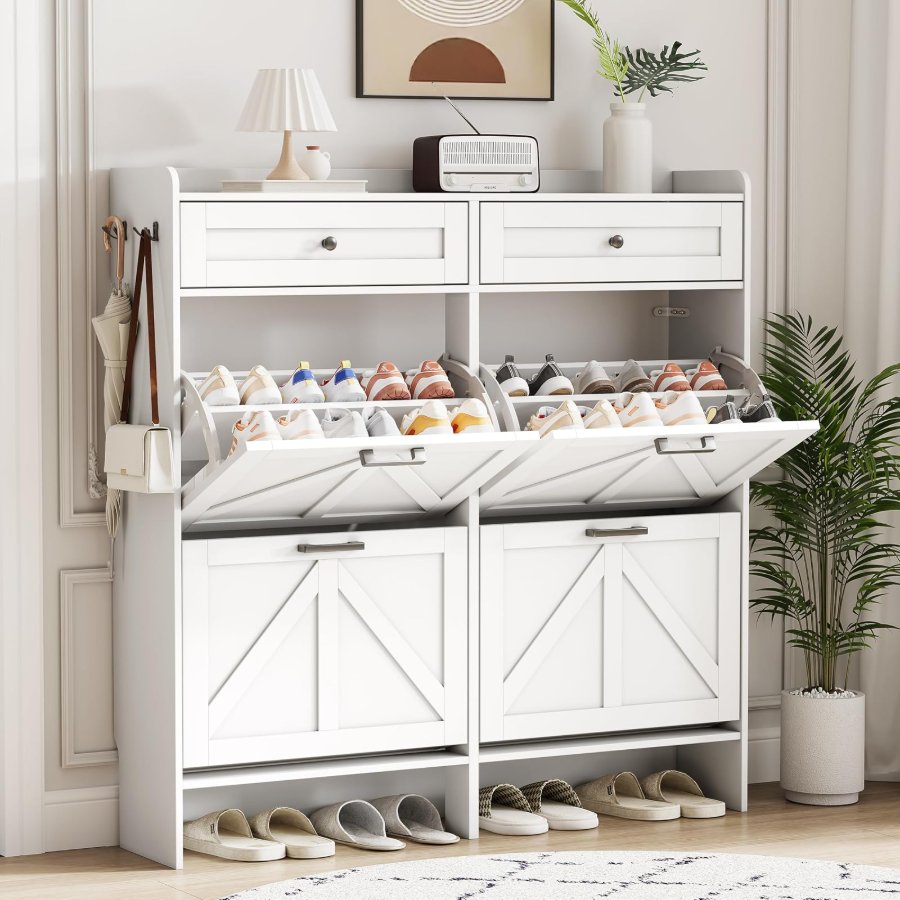 Xixini Shoe Cabinet with 4 Flip Drawers & 2 Top Drawers