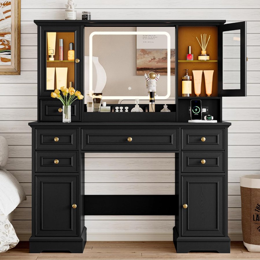 Xixini Vanity Desk with HD Lighted Mirror & Power Outlet
