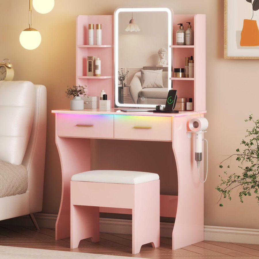 Xixini Vanity Desk with LED Lights Mirror & Power Outlet